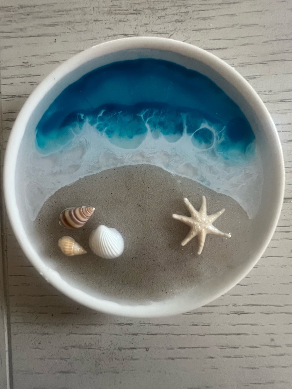 Handmade Ocean Resin Beach Dish with Shells & Sand 4”